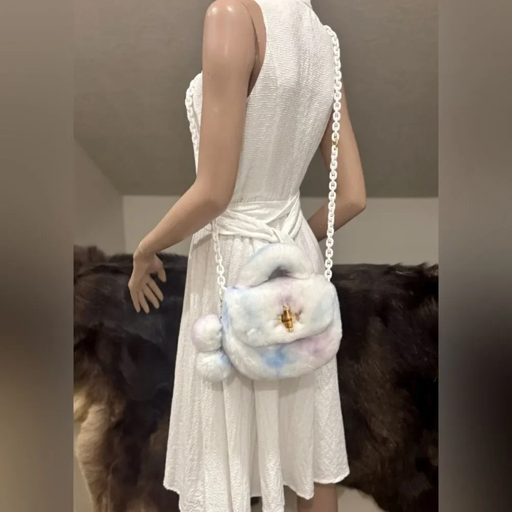 Stunning Real Rex Rabbit Fur Handmade Top Handle Bag &  Fur Balls Bag Charm